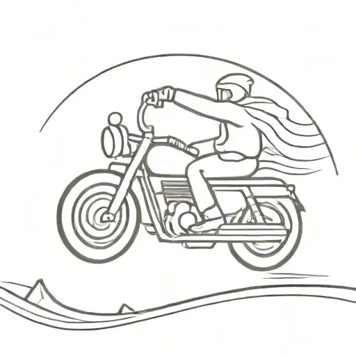 A Minimalist Tattoo Design Of A Nomad Riding A Motorcycle On An Open Road With A Sunset Backdrop