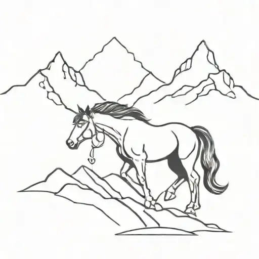 I Want A Line Work Tattoo Design That Has A Mustang Design With A Mountain Landscape