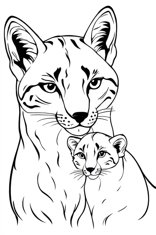 Outline Of Mother Lynx And Baby Cub Heads Snuggling