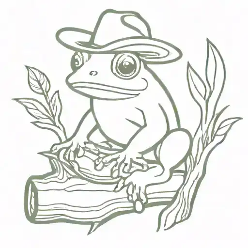 Frog With Cowboy Hat Sitting On Log