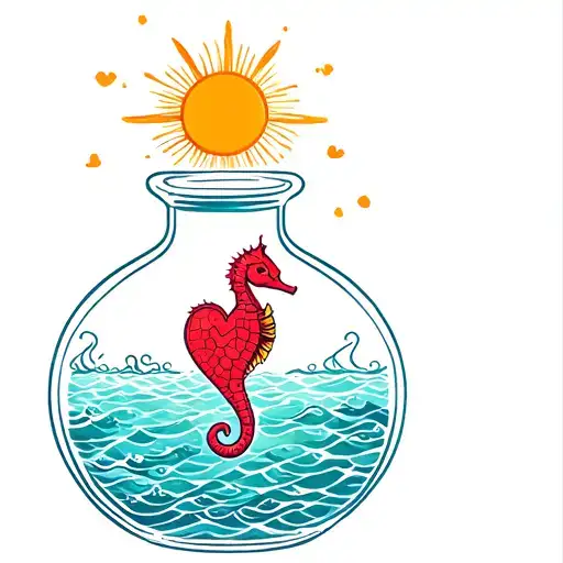 A Heart Potion Bottle With A Sea Horse Inside And A Big Sun On Top