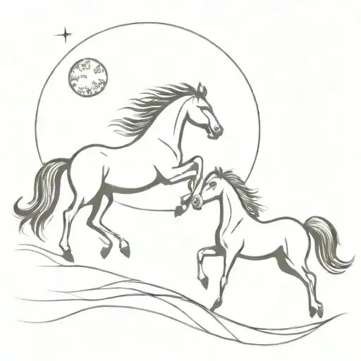 Two Horses Running With The Moon Above Them