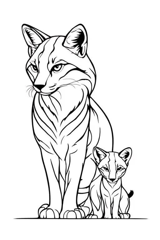 Outline Of Mother Lynx And Baby Cub