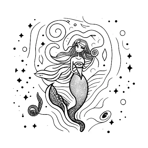 A Mermaid Playing A Musical Instrument Surrounded By A Galaxy