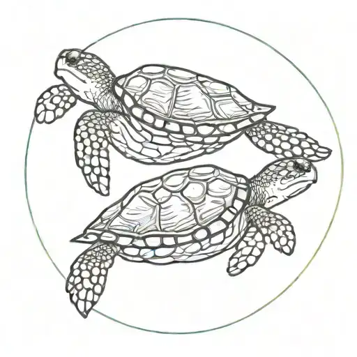 Two Sea Turtles Swimming Together With A Circle Around Them