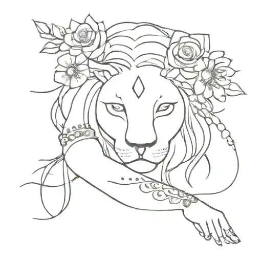 Arm With Up Lion Girl With Flowers And Down A Flowers Bracelet
