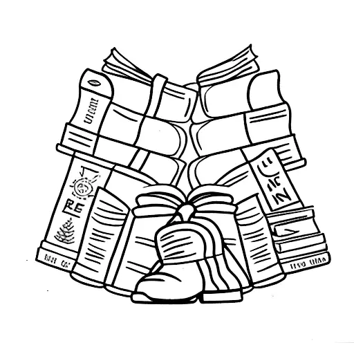 A Minimalist Tattoo Of A Bookshelf Filled With Travel Books And A Hiking Boot On Top