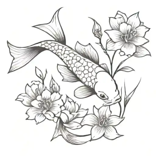 Koi Fish With Flowers Growing