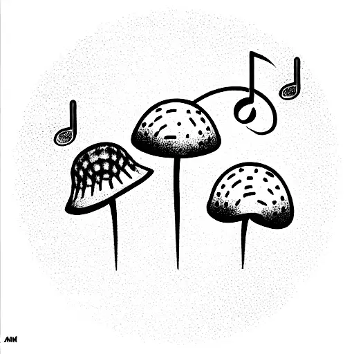 Mushrooms Growing On An Ekg Line Under Fairy Lights With Music Notes In The Air