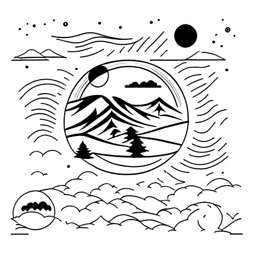A Minimalist Tattoo Of A Farm Landscape With The Moon Phases In The Sky