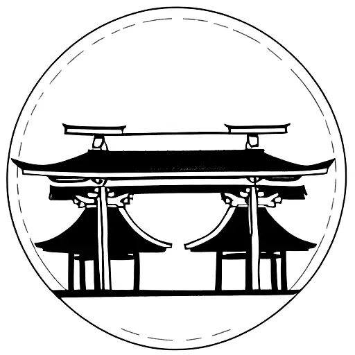 Shinto Shrine With A Bench In The Background Surrounnded By Two Half Moons