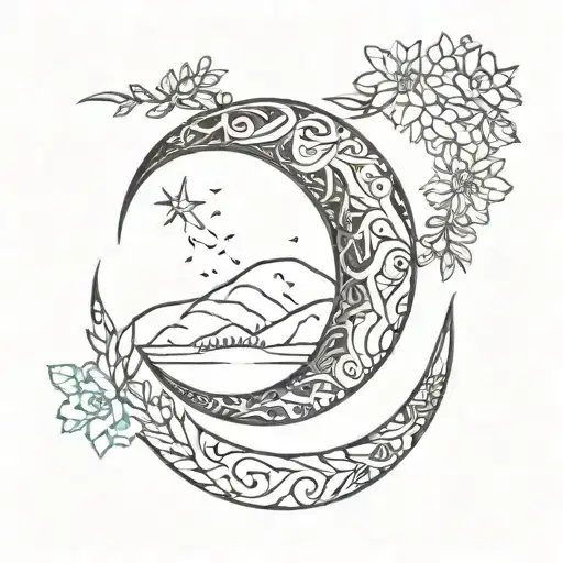 Crescent Moon With Blackwork Etching Style