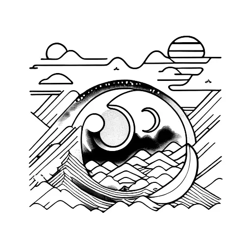 Japan Style Blood Moon With Black And Red Colours Tattoo