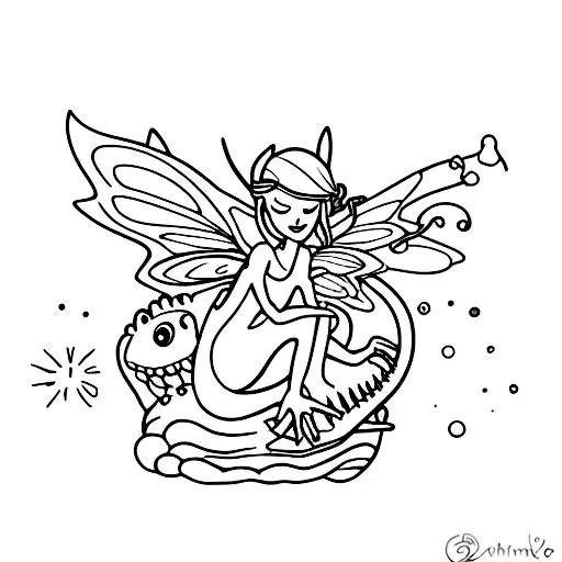 A Whimsical Fairy Sitting On A Crocodile's Back In A Minimalist Style