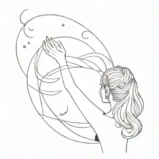 A Minimalist Tattoo Design Of A Girl With 8 And Infinity Tattoo On Hand Looking At The Moon