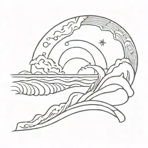 An Abstract Ocean Scene With Waves Crashing On The Beach And A Sun Shining Brightly