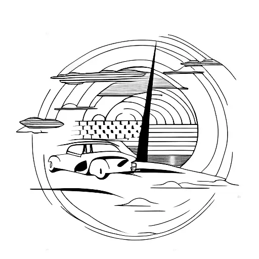 A Minimalist Tattoo Of A Classic Car Driving Into A Sunset