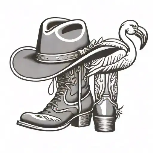Cowboy Boots With A Cowboy Hat Hanging On Top Half And A Flamingo With Sunglasses On The Boots