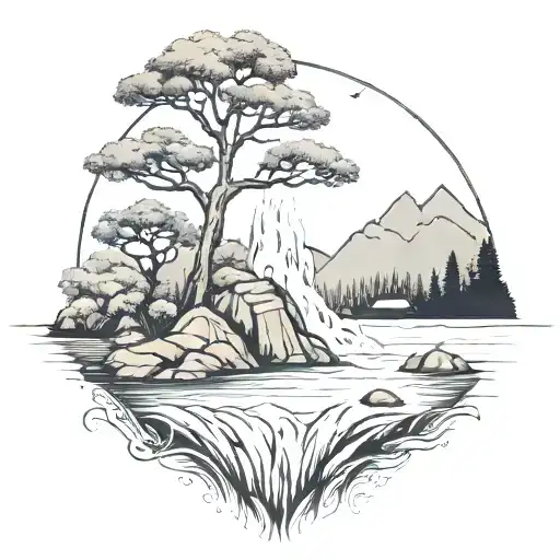 A River With A Fire And A Cerry Bush Beside It Waterfalls Down The Front