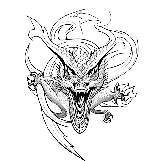 An Intricate Sketch Of A Dragon And Katana Intertwined