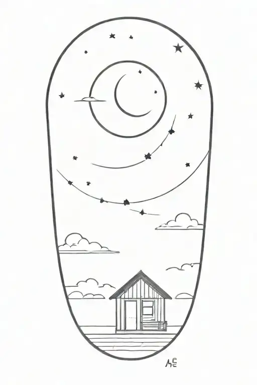 A Minimalist Silhouette Of A Beach Hut On A Deck Under A Starry Sky