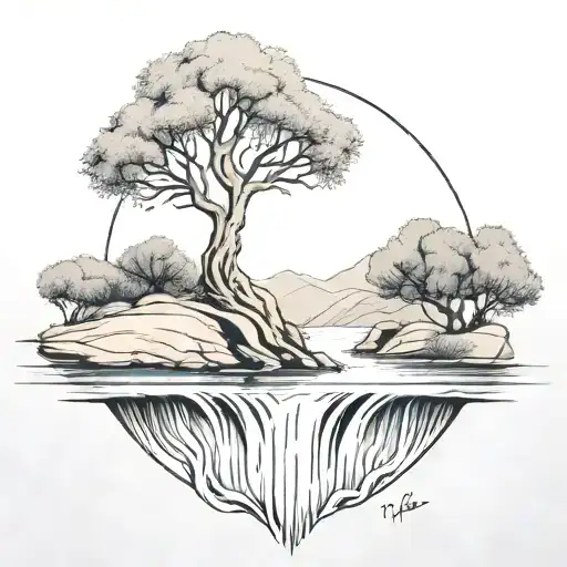 A River With A Fire And An Olive Tree Beside It Waterfalls Down The Front