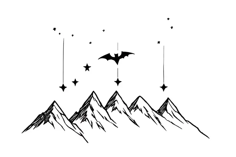 3 Mountains With 3 Stars Above And Bat Hanging Upside