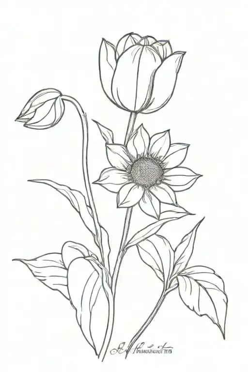 A Tulip And A Sunflower Blooming