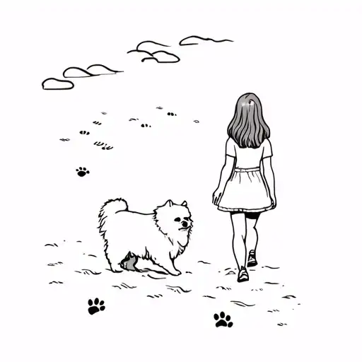 Pomeranian Dog And A Girl With Footprints And Paw Print Walking On The Sand