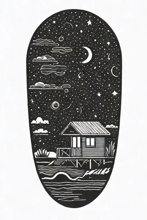 A Minimalist Silhouette Of A Beach Hut On A Deck Under A Starry Sky