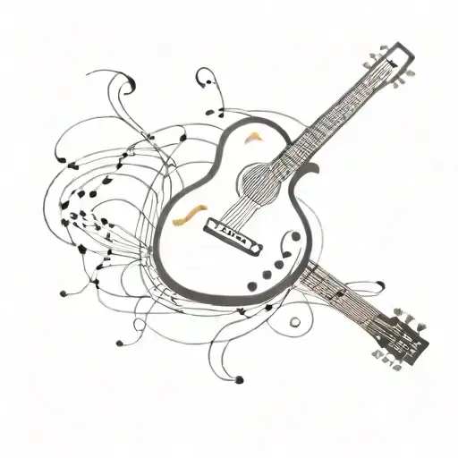 A Tattoo Design Featuring A Detailed Guitar Surrounded By Musical Notes And Symbols