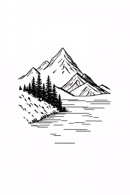Minimalistic Mountain Landscape With Forrest And River