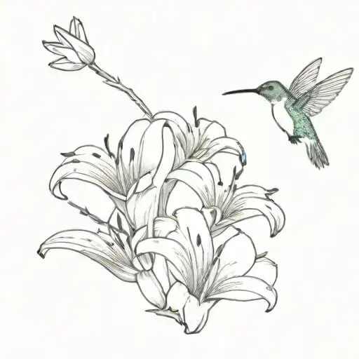 Hummingbird Hovering And Feeding On Lillies