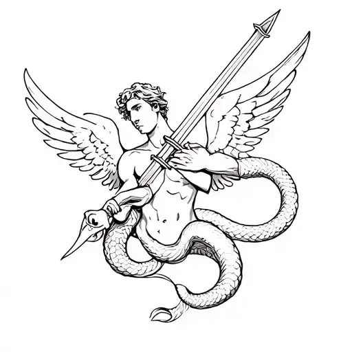 Serpent Wrapped Around Male Fallen Angel Holding A Sword