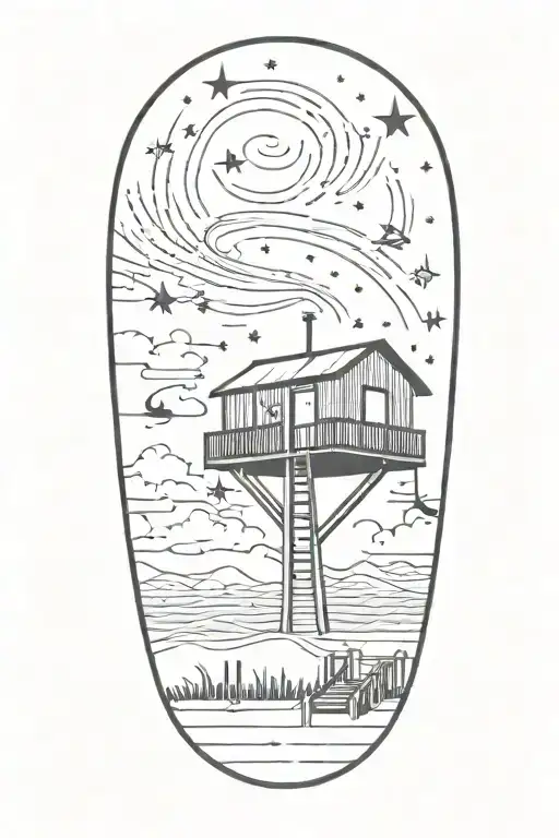 A Minimalist Silhouette Of A Beach Hut On A Deck Under A Starry Sky