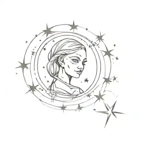 Feminine Alien Bursting Out Of Circle Galaxy Filled With Stars