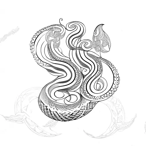 An Intricate Dotwork Design Of A Snake Coiled Around A Crescent Moon