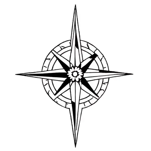 Simple Minimalist Compass Rose With A Flower In The Center And Two Chevron Above