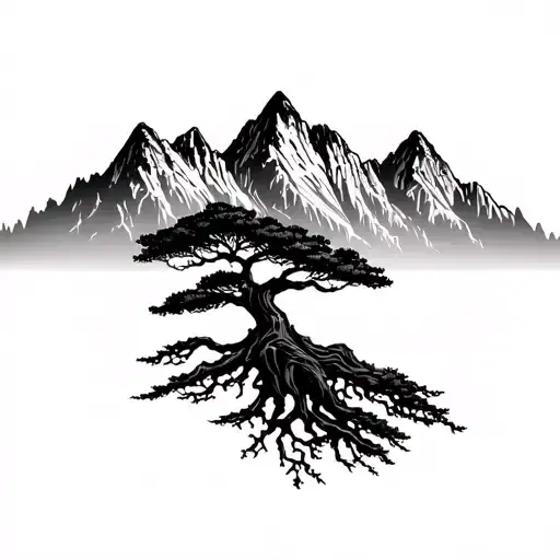 Mountain Range With A Deep Rooted Tree At The Base