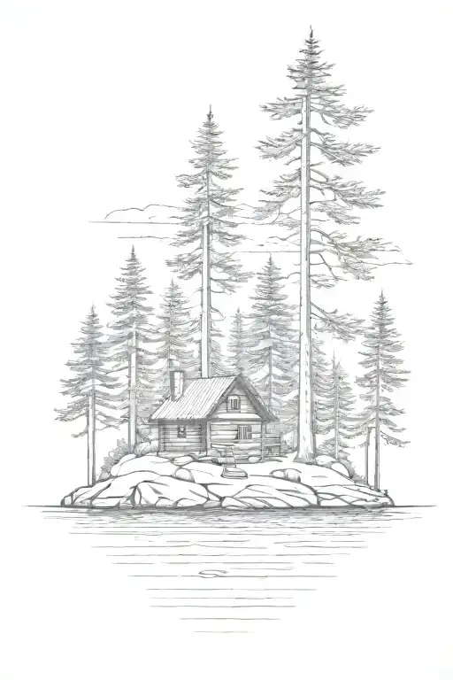 Small Cabin Nestled On Island With Pine Trees Small Rock Shore