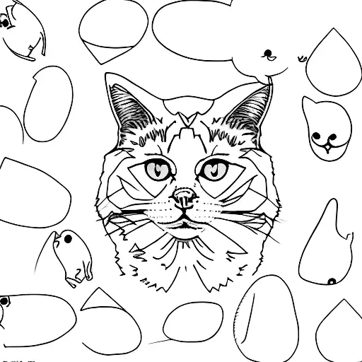 A Black And White Cat With Yellow Eyes Surrounded By Various Animals In A Minimalist Style
