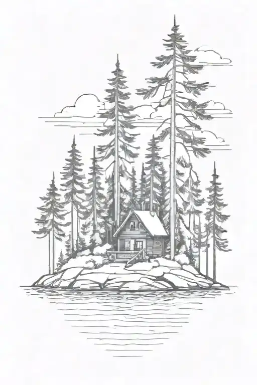 Small Cabin Nestled On Island With Pine Trees Small Rock Shore