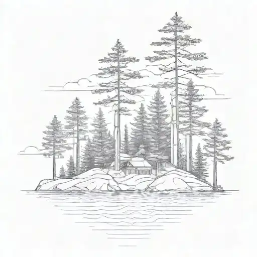 Minamilst Lines Four Pine Trees On Small Island
