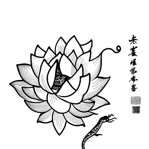 Chinese Lotus Flower With Snake Animal And Knife