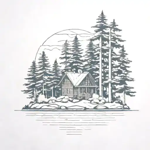 Island On Lake With Pine Trees And Small Cabin Nestled No Mountains