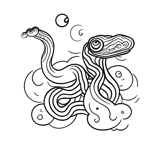 A Black And Grey Tattoo Of A Snake Slithering Through A Forest With A Full Moon Shining Above