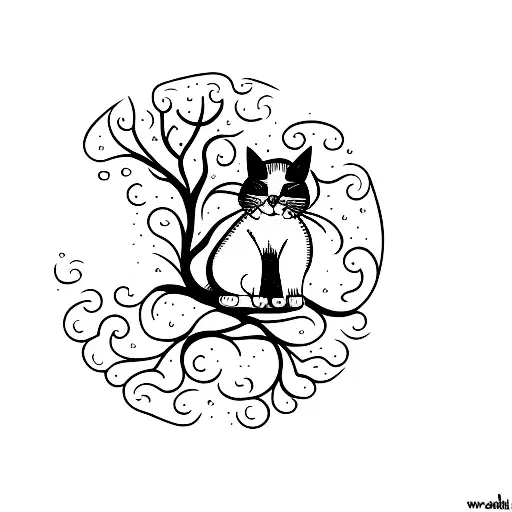 A Minimalist Tattoo Of A Cat Sitting On A Tree Branch Near A Flowing Stream