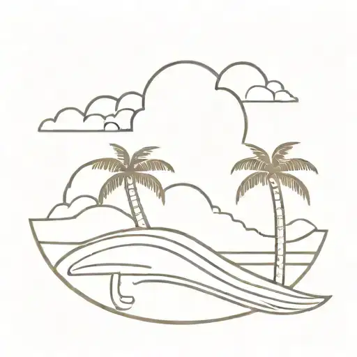 Palm Tree Coming Out Of Sand With A Cloud Above It Design On A Surfboard
