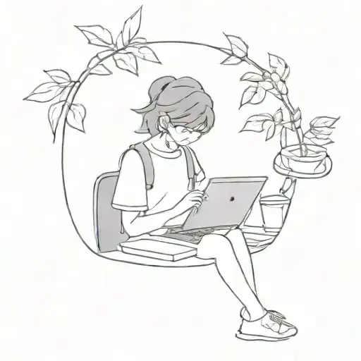 A Minimalist Tattoo Of A Student Studying With A Background Of Anime Scenes And Tea Leaves