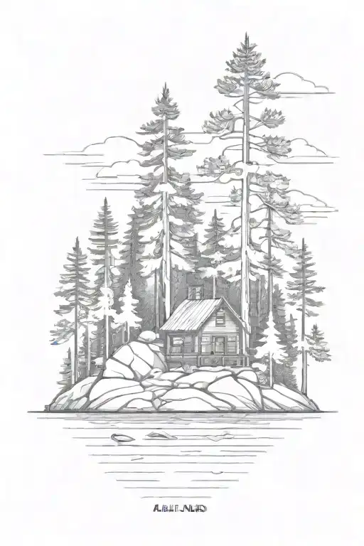 Simple Lines Small Cabin Nestled On Island With Pine Trees Small Rock Shore